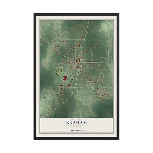 Map of Braham, Minnesota, 12 x 18 inch print in a black wood frame