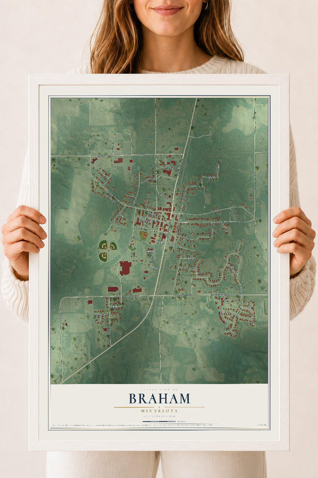 Map of Braham, Minnesota, 18 x 24 inch print in a white wood frame