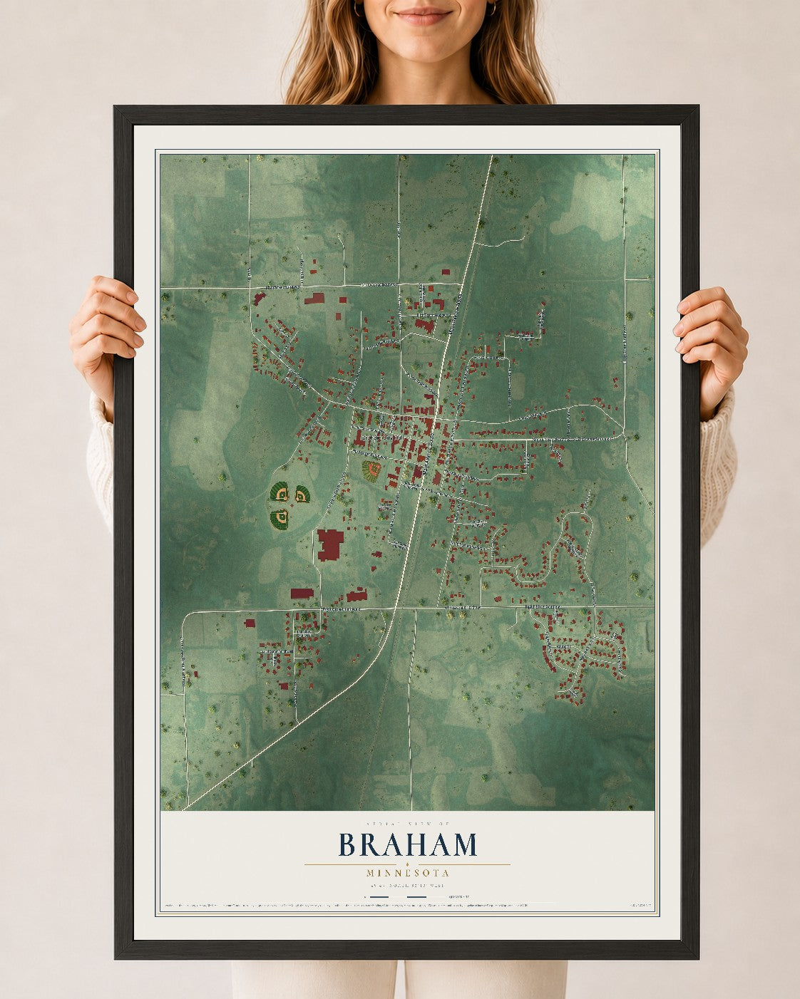 Map of Braham, Minnesota, 24 x 36 inch print in a black wood frame
