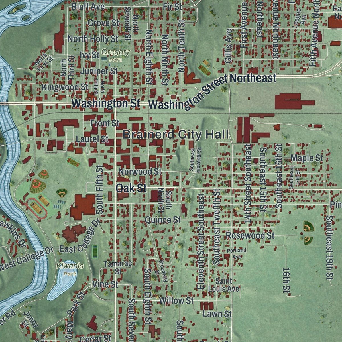 Close-up of the map of Brainerd, Minnesota print showing street and building detail