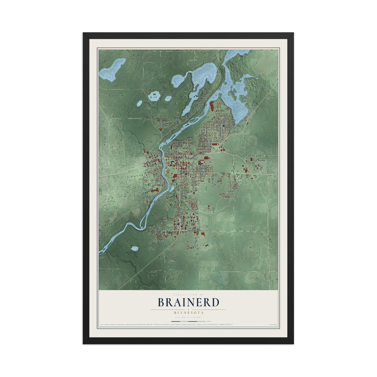 Map of Brainerd, Minnesota, 12 x 18 inch print in a black wood frame