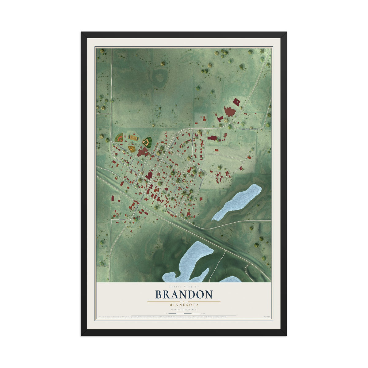 Map of Brandon, Minnesota, 12 x 18 inch print in a black wood frame
