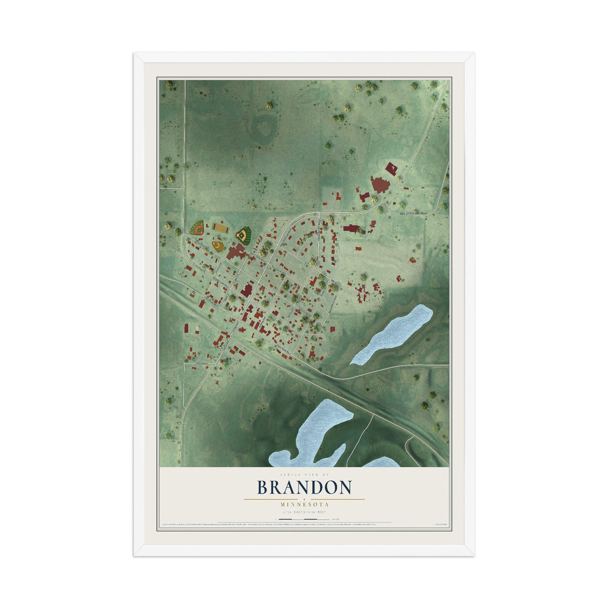 Map of Brandon, Minnesota, 12 x 18 inch print in a white wood frame