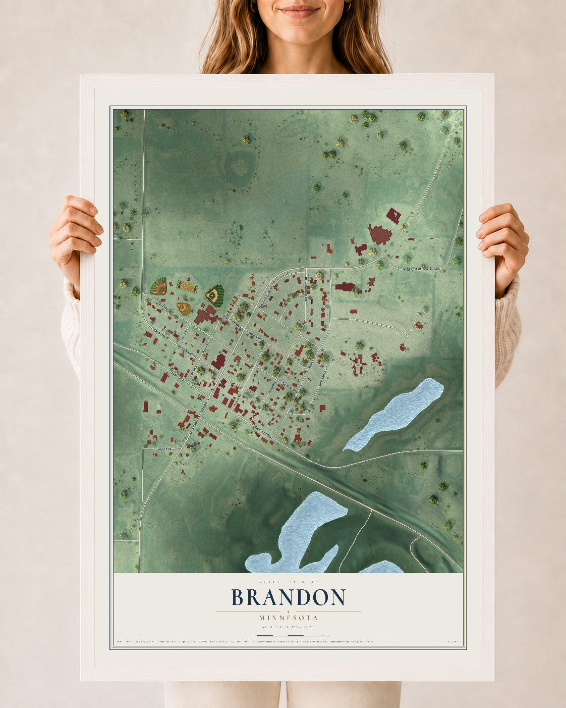 Map of Brandon, Minnesota, 24 x 36 inch print in a white wood frame