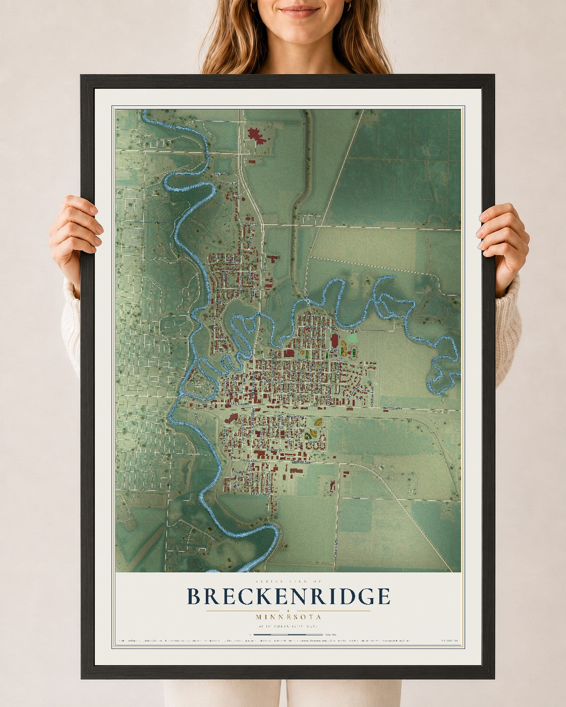 Map of Breckenridge, Minnesota, 24 x 36 inch print in a black wood frame