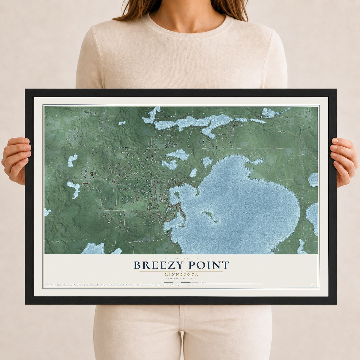 Map of Breezy Point, Minnesota, 12 x 18 inch print in a black wood frame