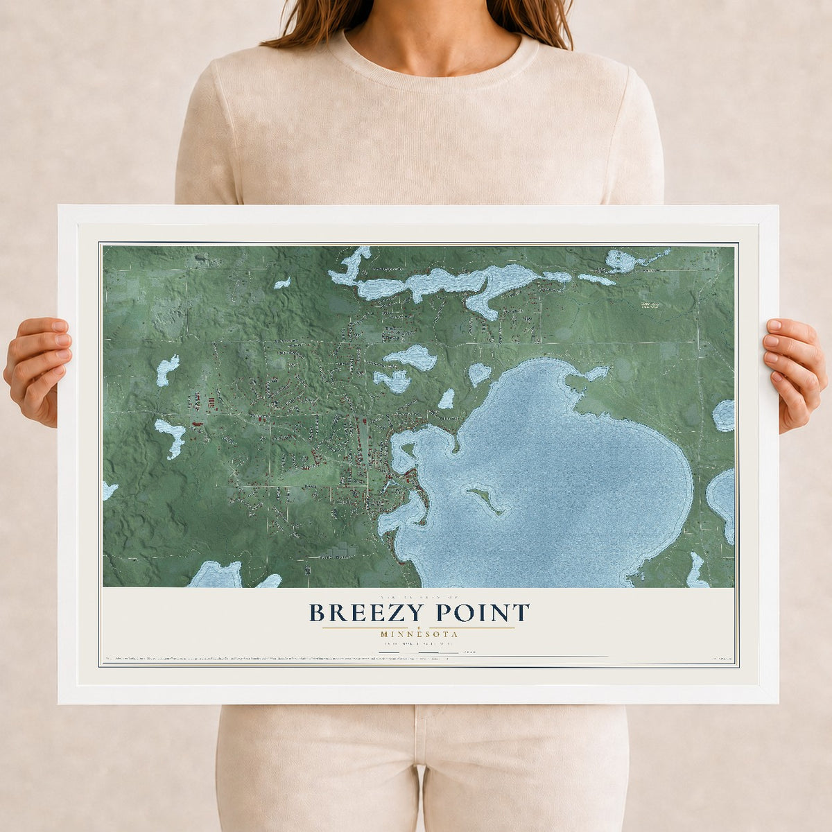 Map of Breezy Point, Minnesota, 12 x 18 inch print in a white wood frame
