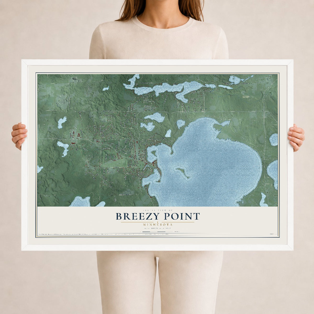 Map of Breezy Point, Minnesota, 24 x 36 inch print in a white wood frame
