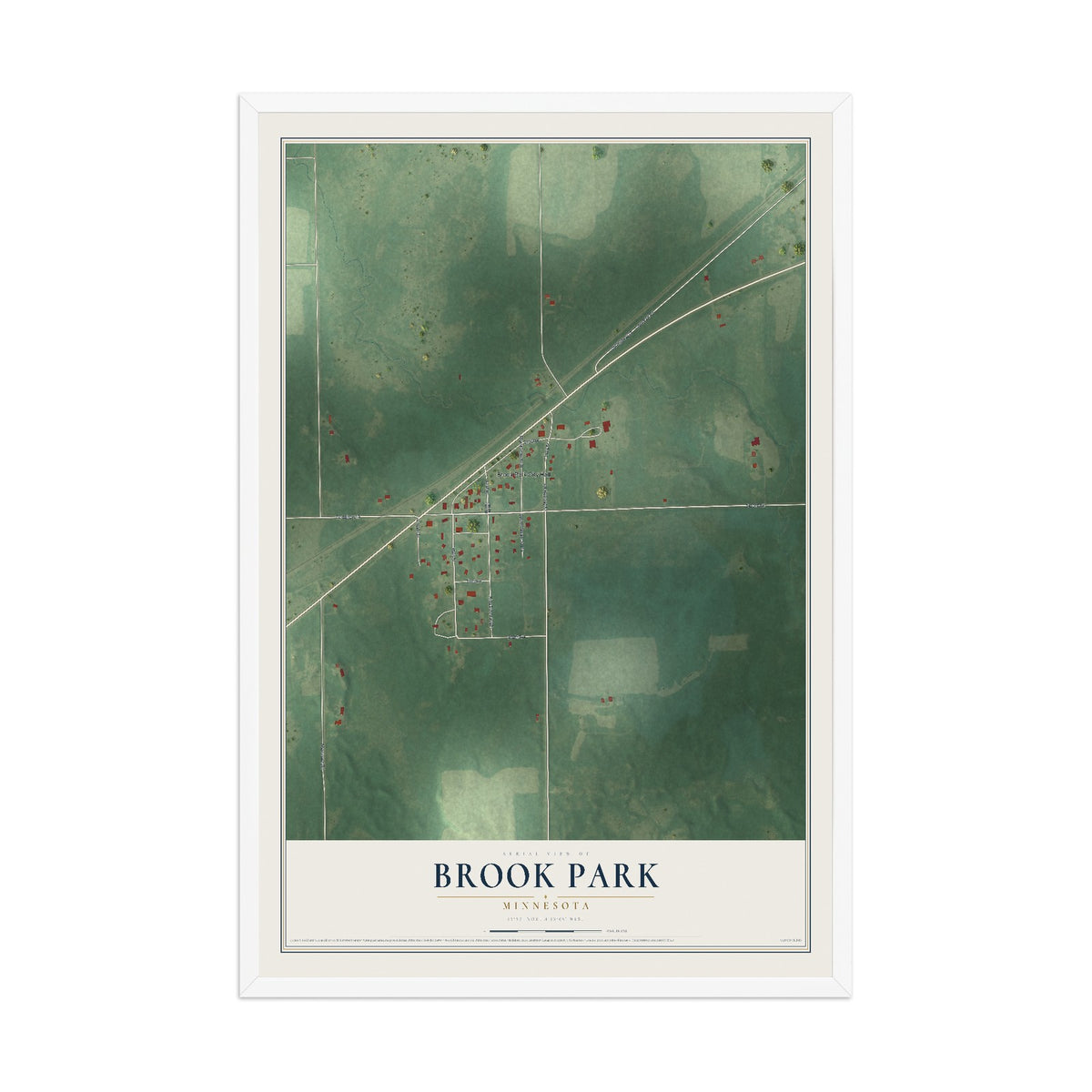 Map of Brook Park, Minnesota, 12 x 18 inch print in a white wood frame