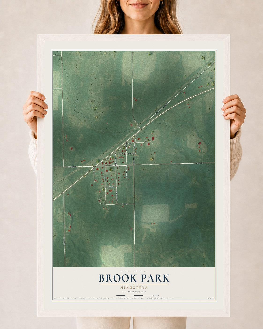 Map of Brook Park, Minnesota, 24 x 36 inch print in a white wood frame