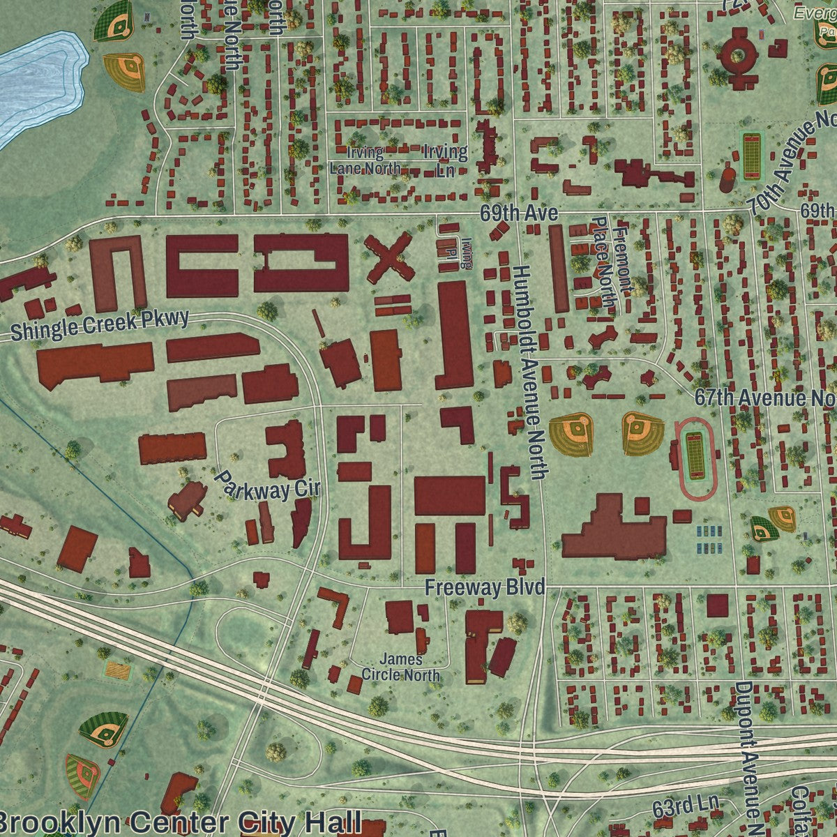 Second close-up of the map of Brooklyn Center, Minnesota print showing more streets and buildings