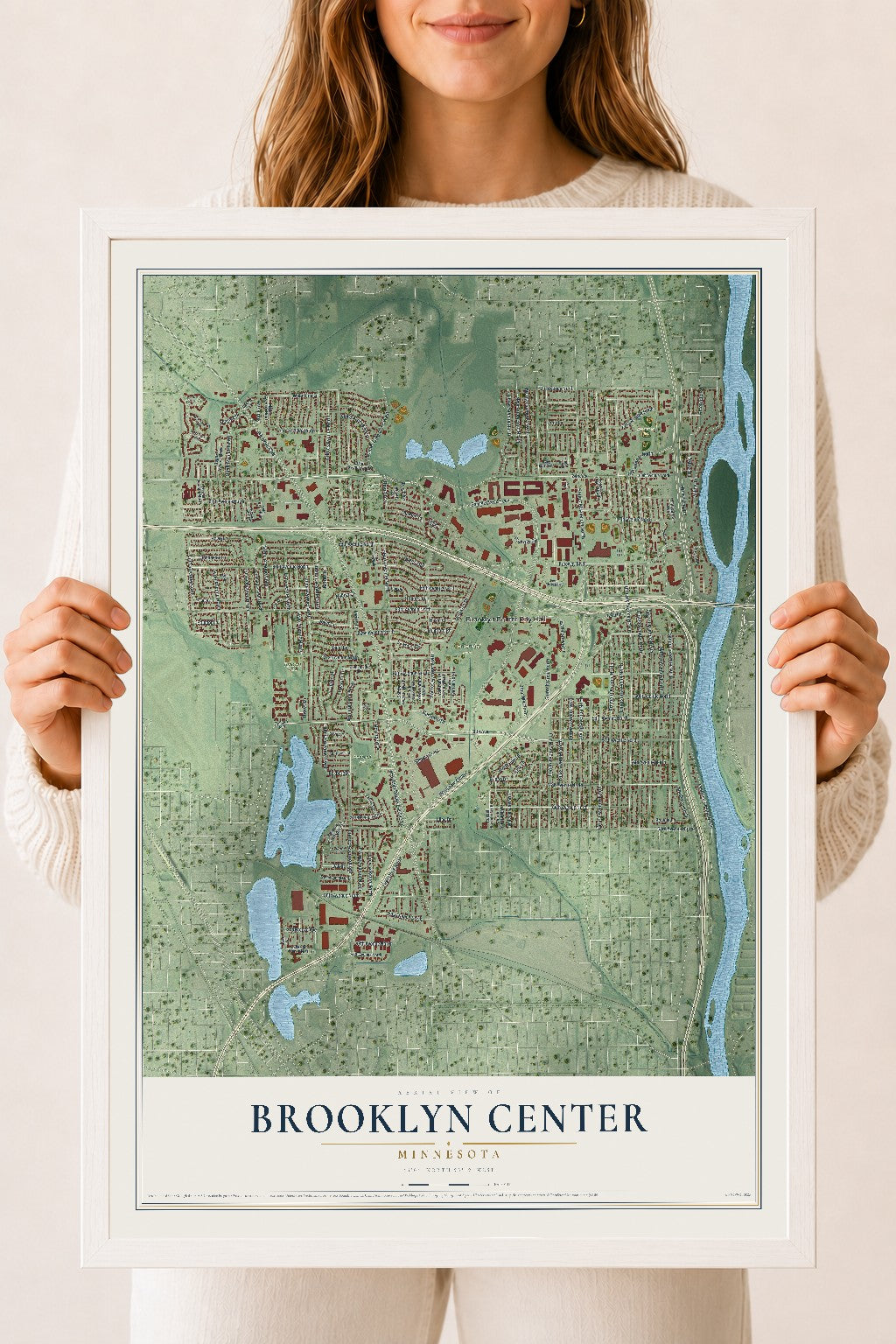 Map of Brooklyn Center, Minnesota, 18 x 24 inch print in a white wood frame