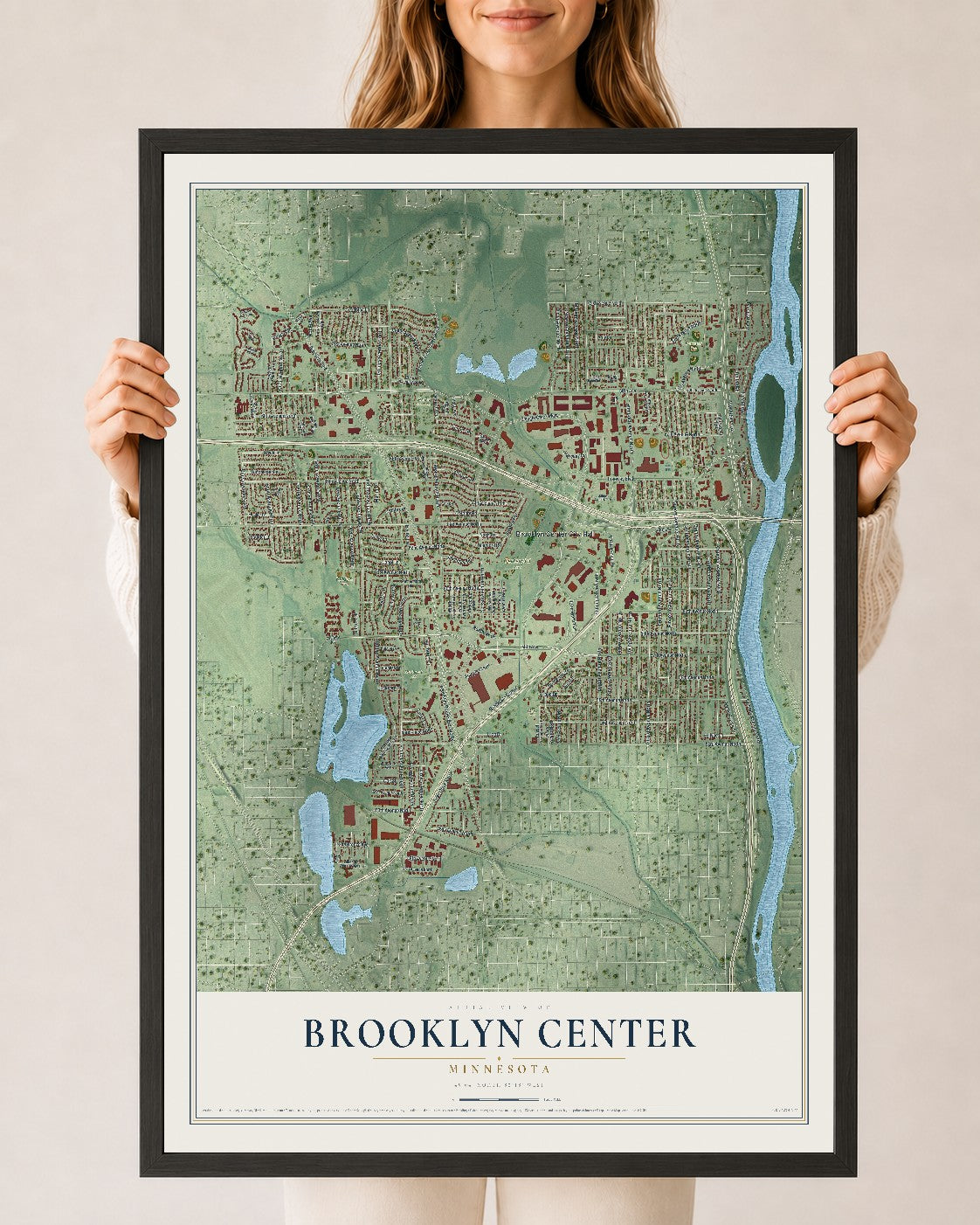Map of Brooklyn Center, Minnesota, 24 x 36 inch print in a black wood frame