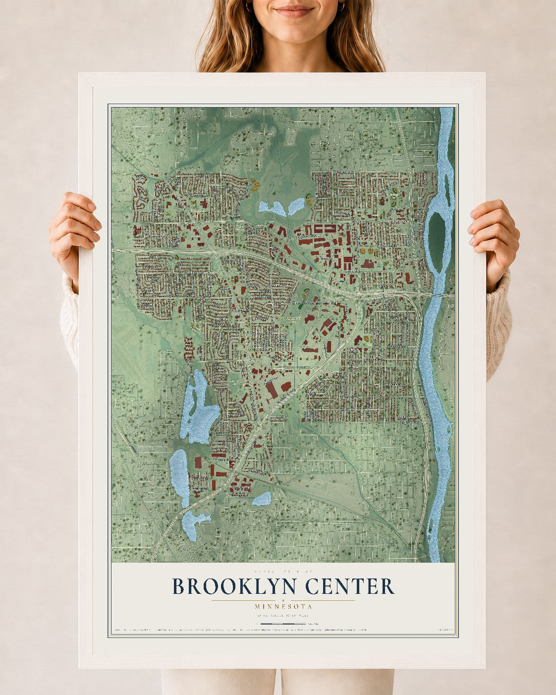 Map of Brooklyn Center, Minnesota, 24 x 36 inch print in a white wood frame