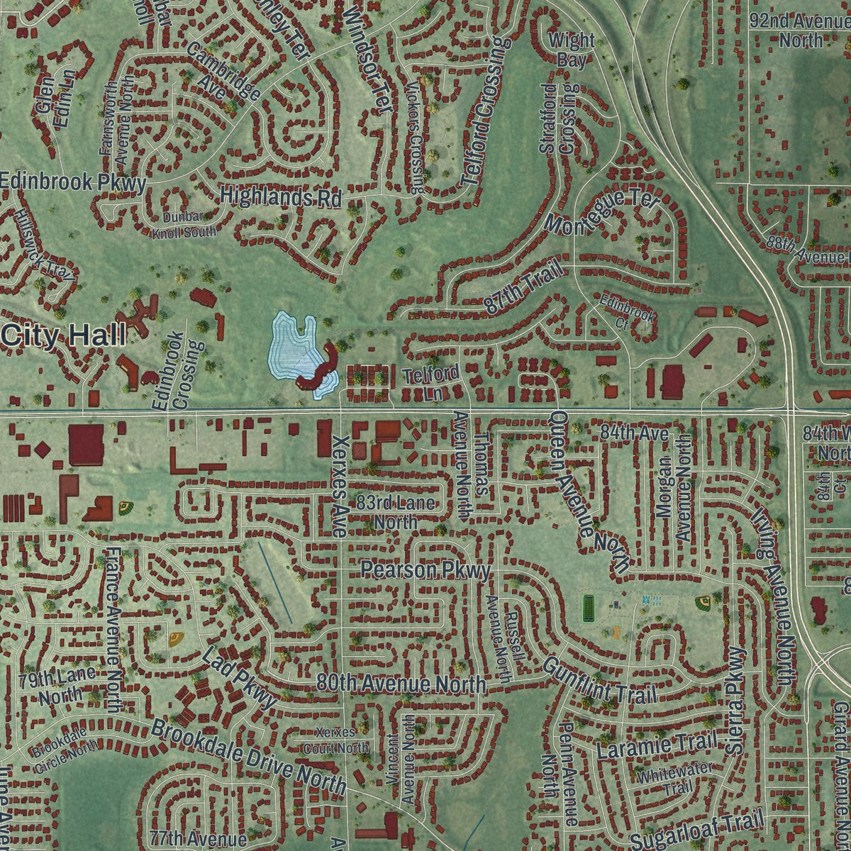 Second close-up of the map of Brooklyn Park, Minnesota print showing more streets and buildings