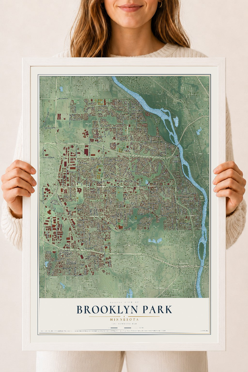 Map of Brooklyn Park, Minnesota, 18 x 24 inch print in a white wood frame