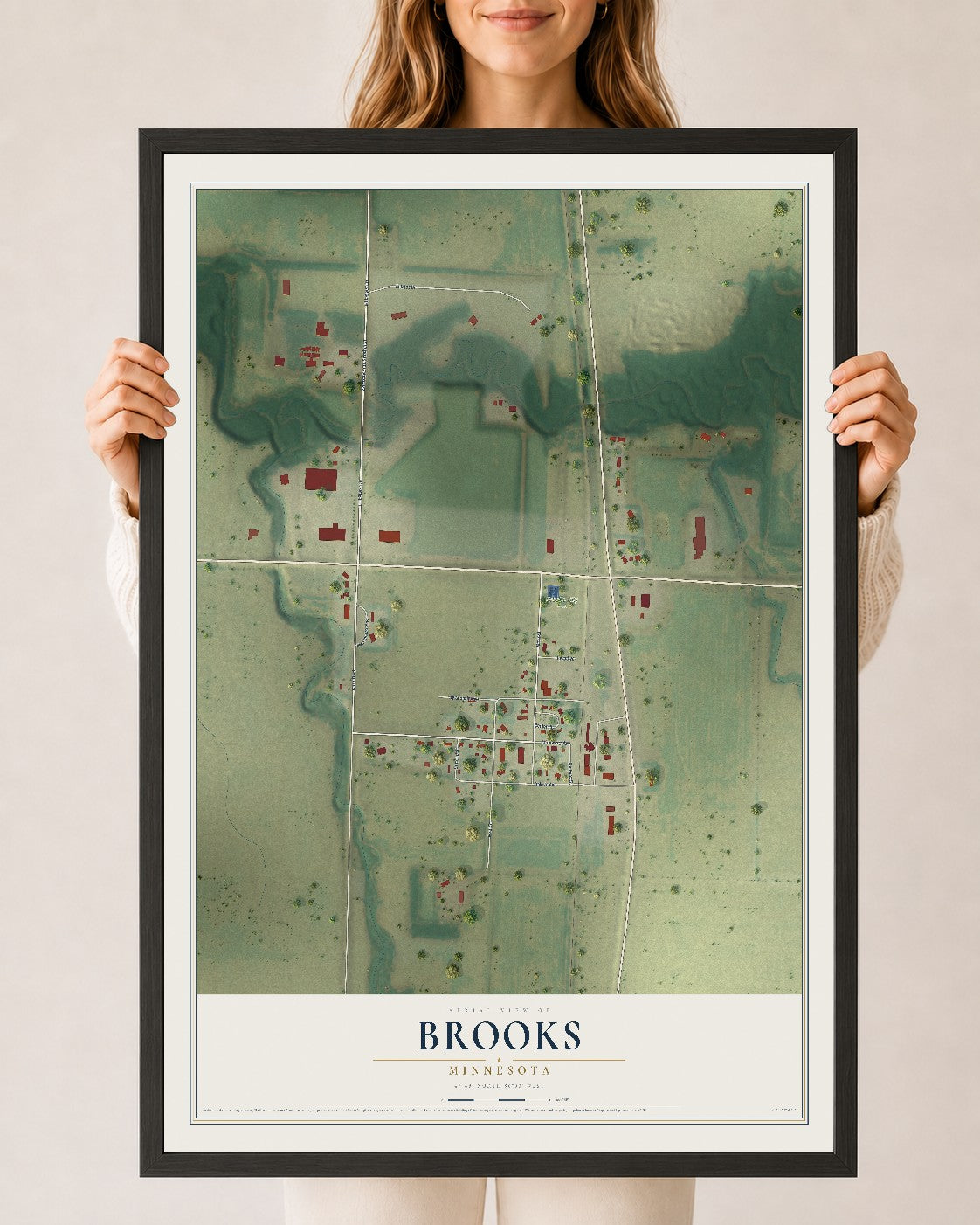Map of Brooks, Minnesota, 24 x 36 inch print in a black wood frame