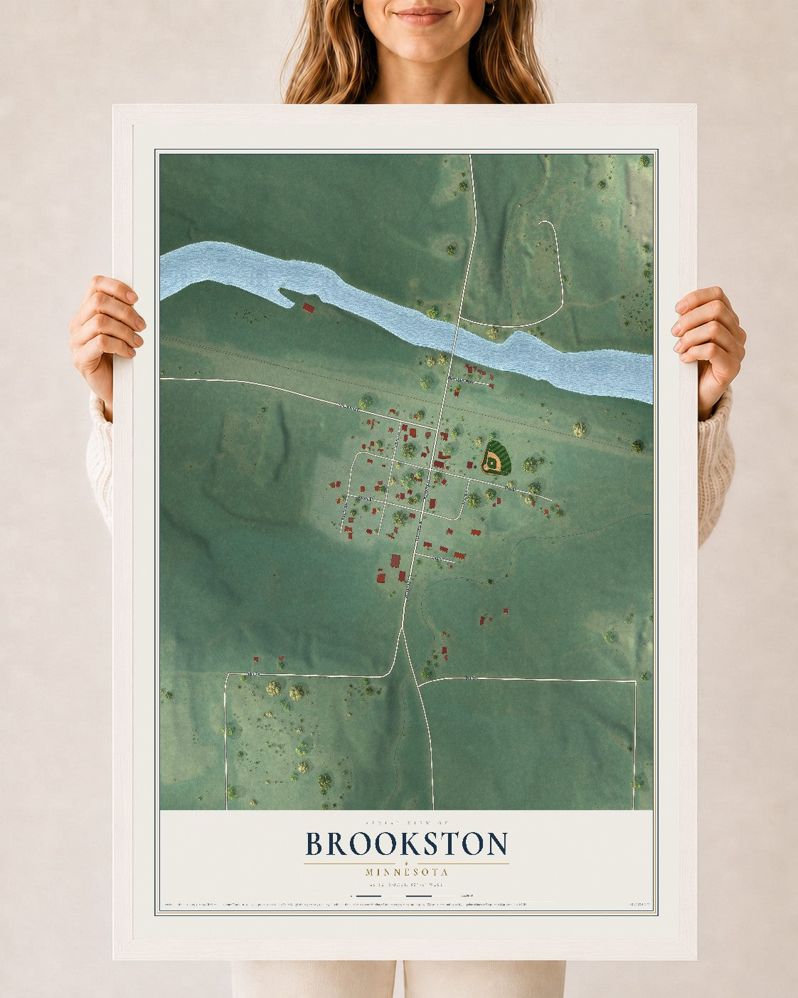 Map of Brookston, Minnesota, 24 x 36 inch print in a white wood frame