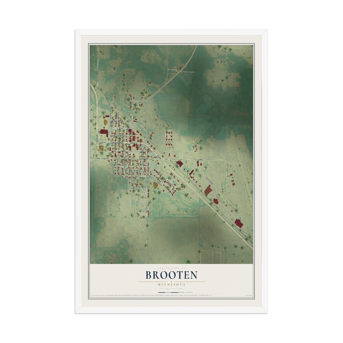 Map of Brooten, Minnesota, 12 x 18 inch print in a white wood frame