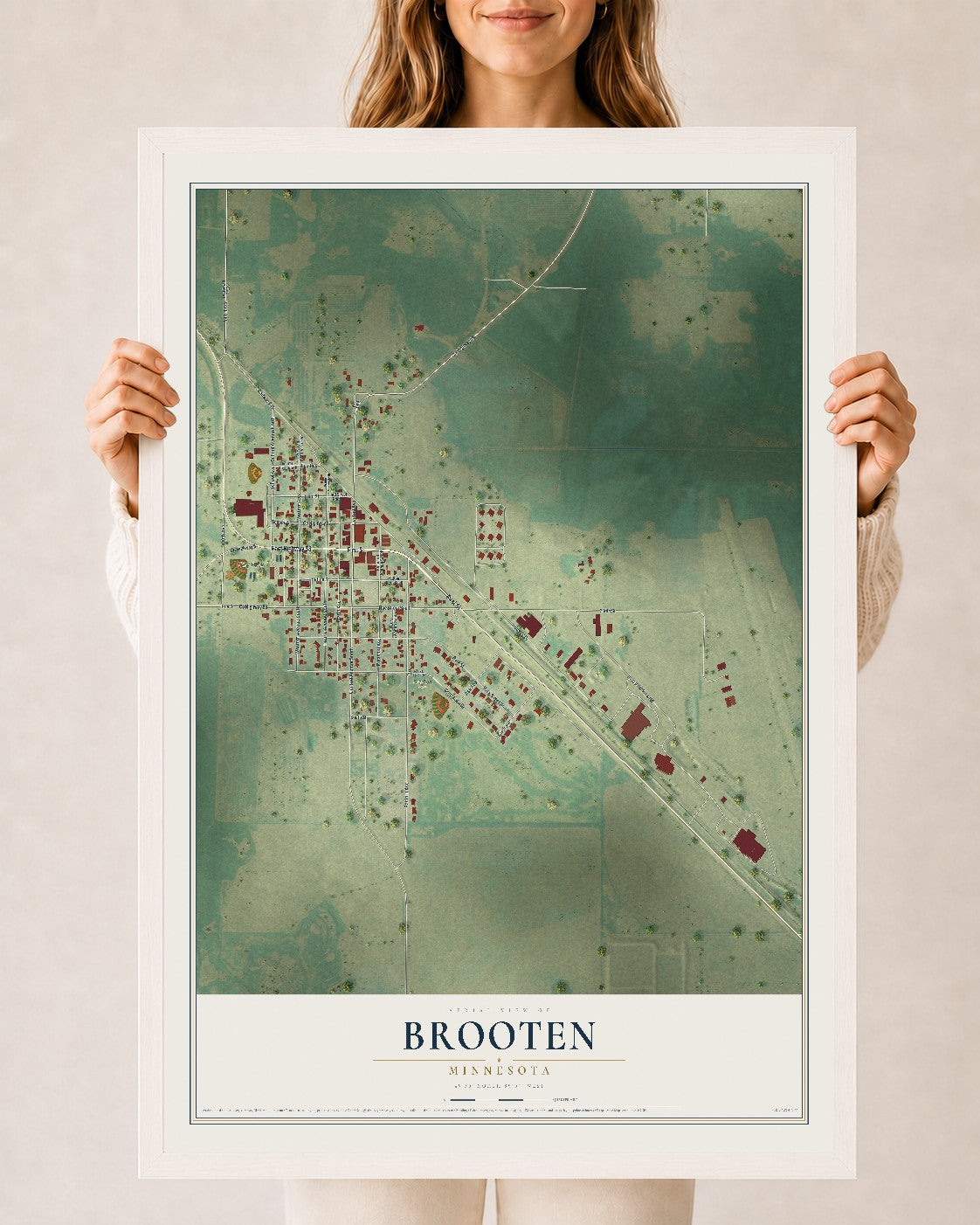 Map of Brooten, Minnesota, 24 x 36 inch print in a white wood frame