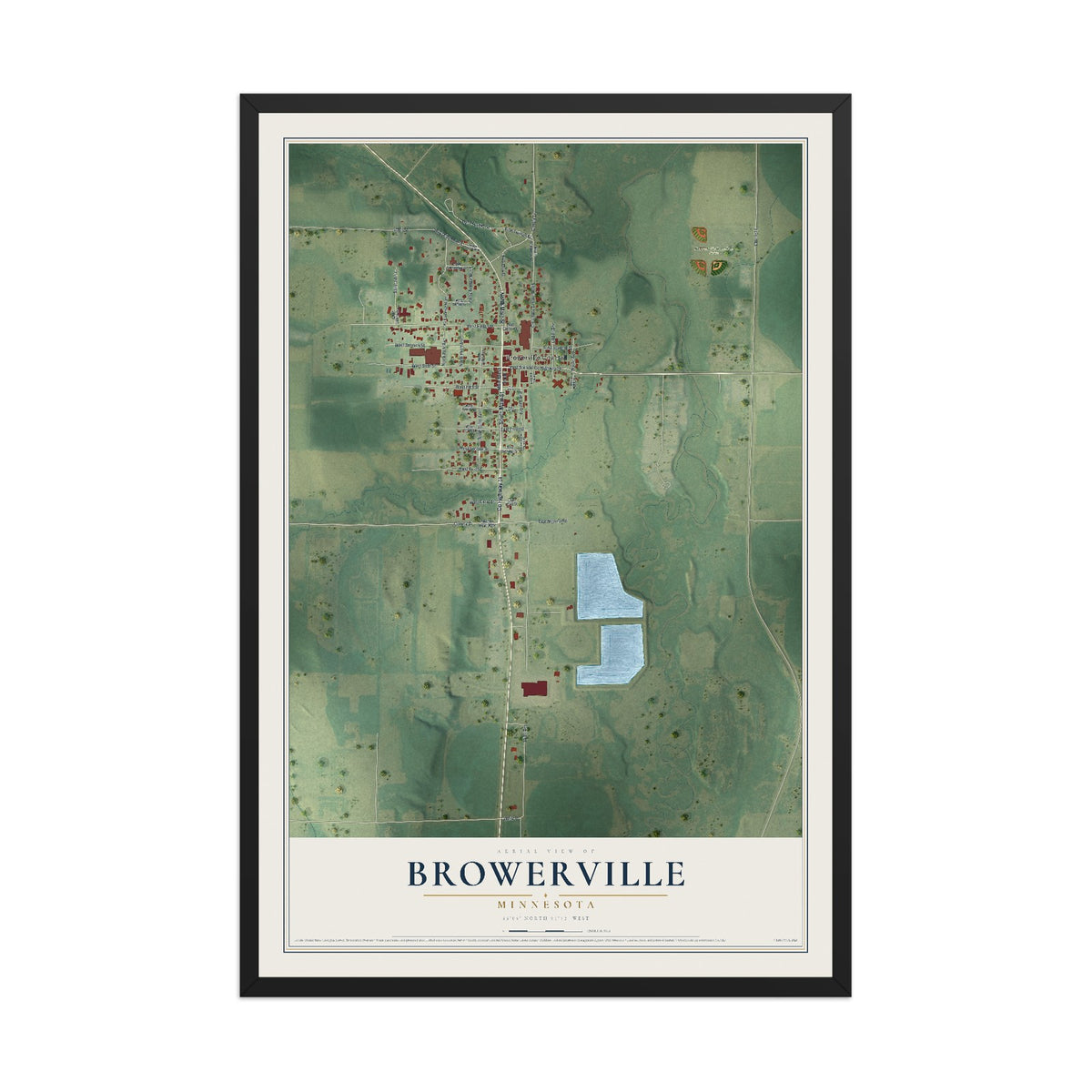 Map of Browerville, Minnesota, 12 x 18 inch print in a black wood frame
