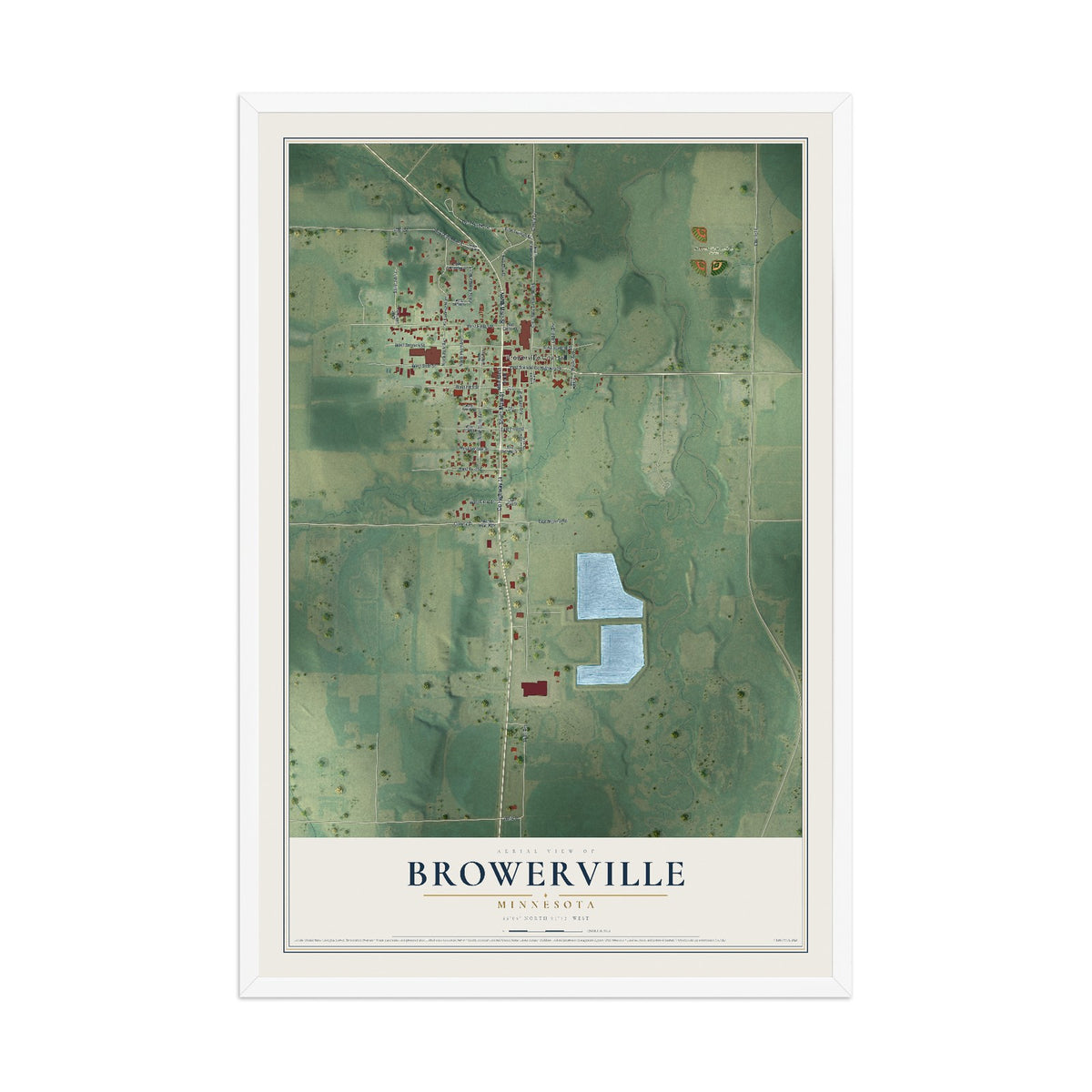 Map of Browerville, Minnesota, 12 x 18 inch print in a white wood frame