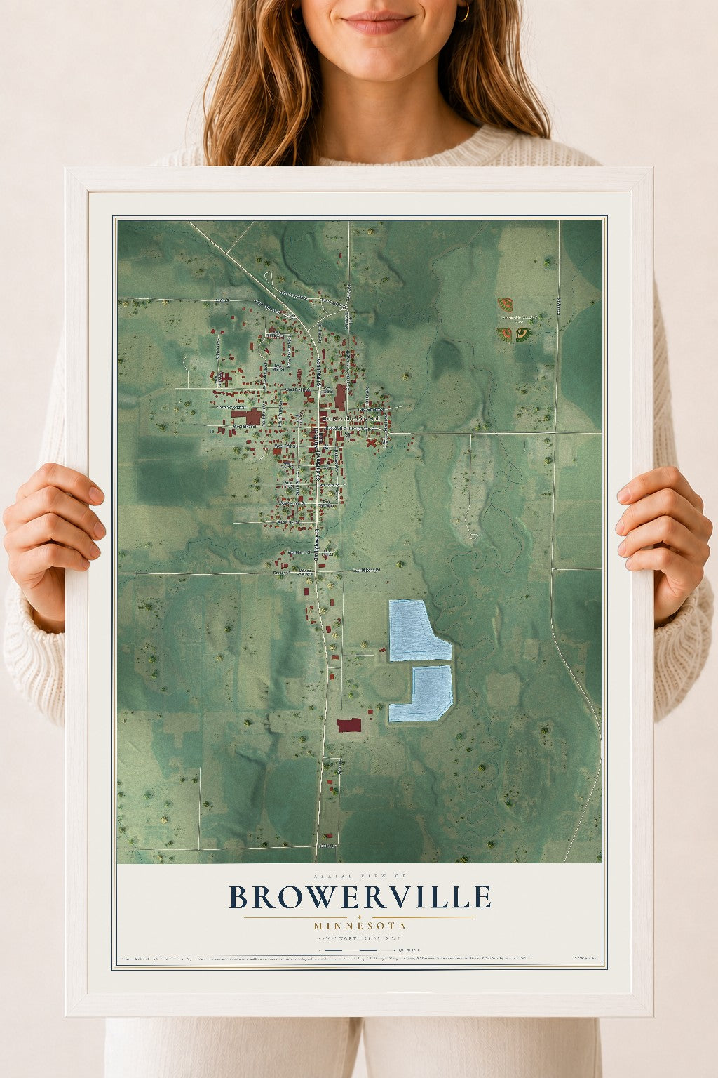 Map of Browerville, Minnesota, 18 x 24 inch print in a white wood frame