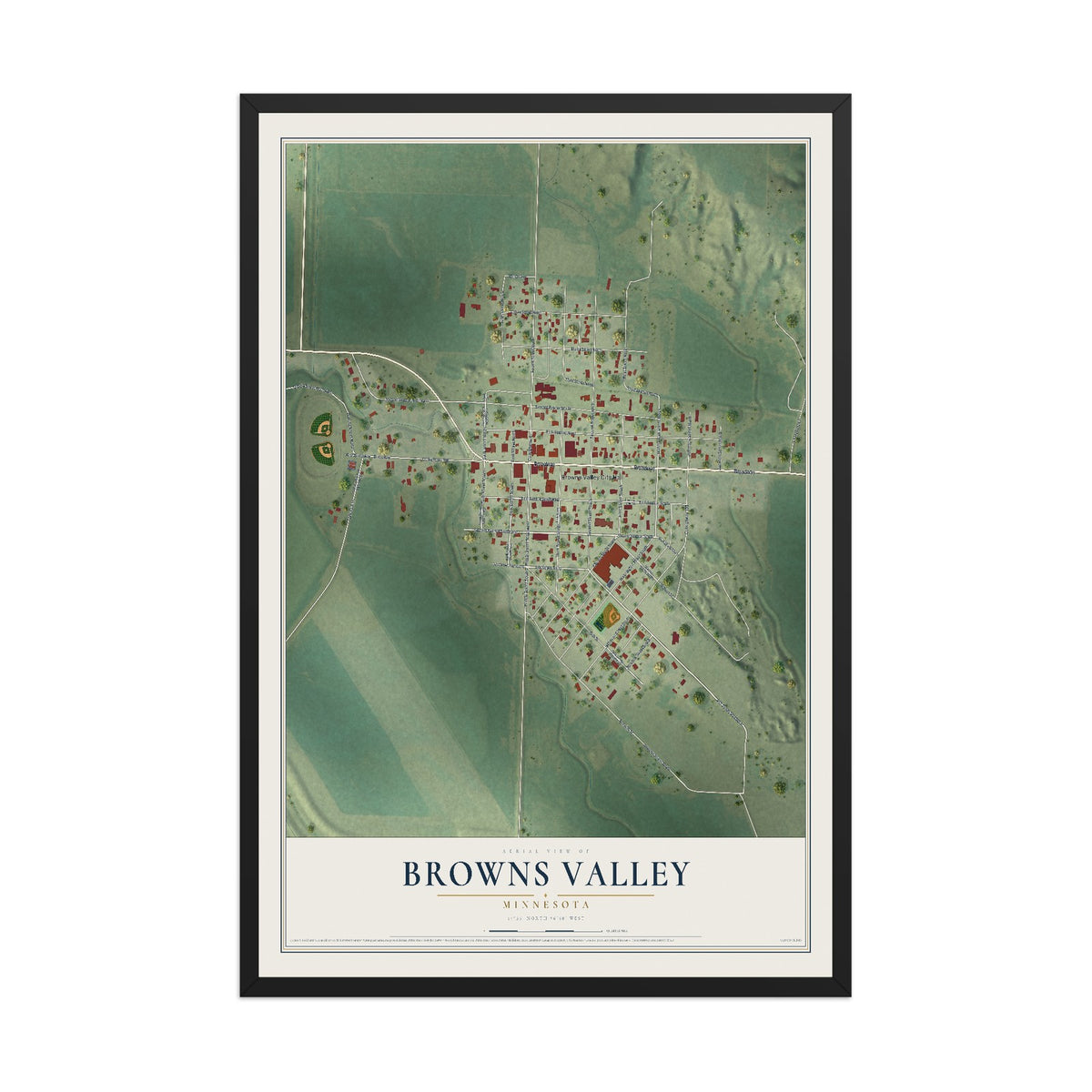 Map of Browns Valley, Minnesota, 12 x 18 inch print in a black wood frame