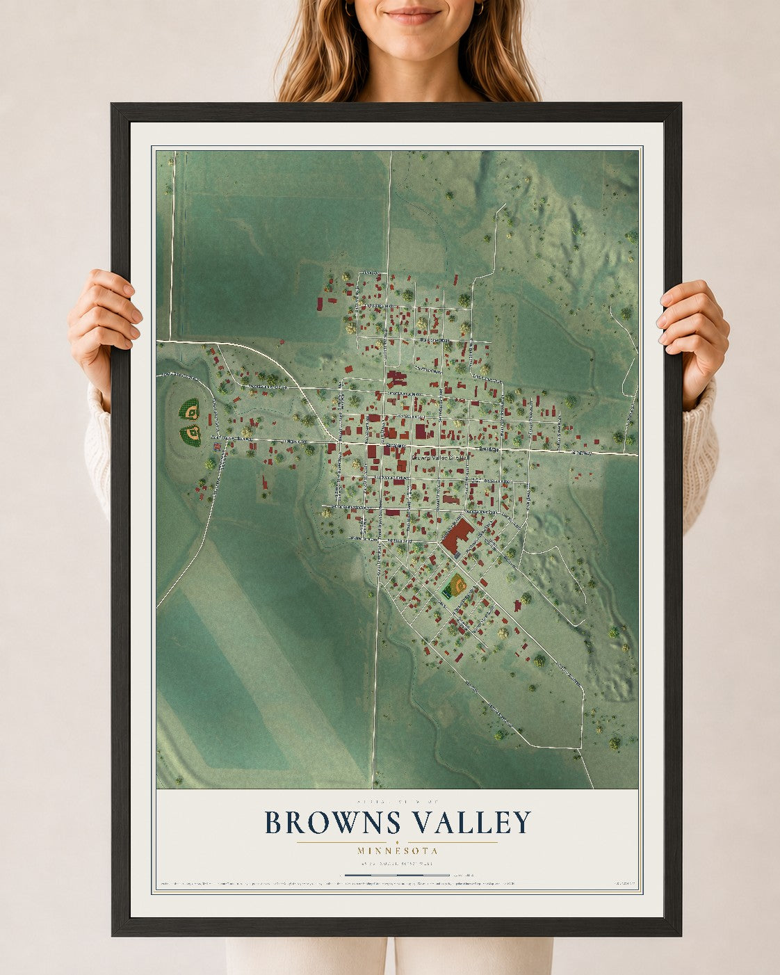 Map of Browns Valley, Minnesota, 24 x 36 inch print in a black wood frame