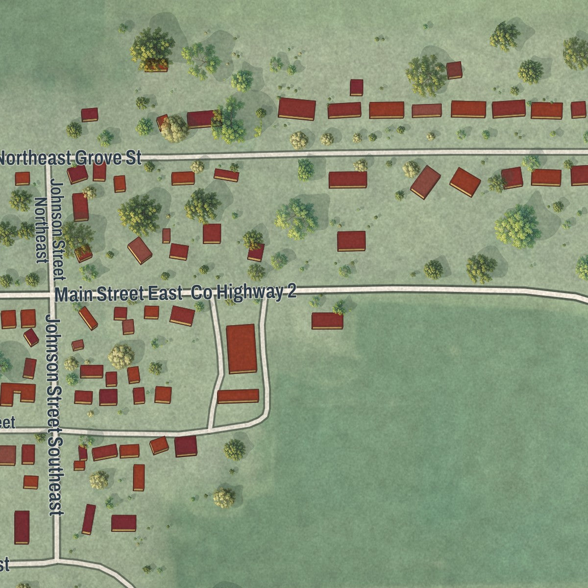 Second close-up of the map of Brownsdale, Minnesota print showing more streets and buildings
