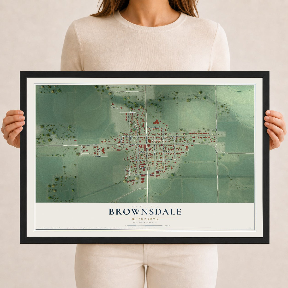 Map of Brownsdale, Minnesota, 12 x 18 inch print in a black wood frame