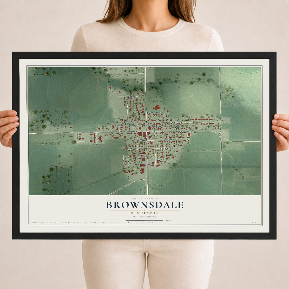Map of Brownsdale, Minnesota, 18 x 24 inch print in a black wood frame