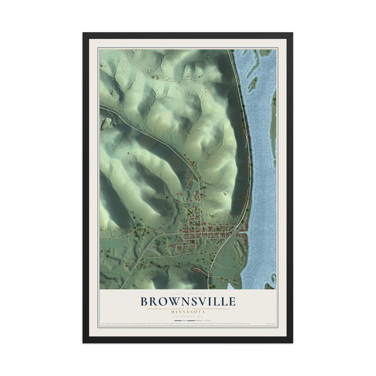 Map of Brownsville, Minnesota, 12 x 18 inch print in a black wood frame