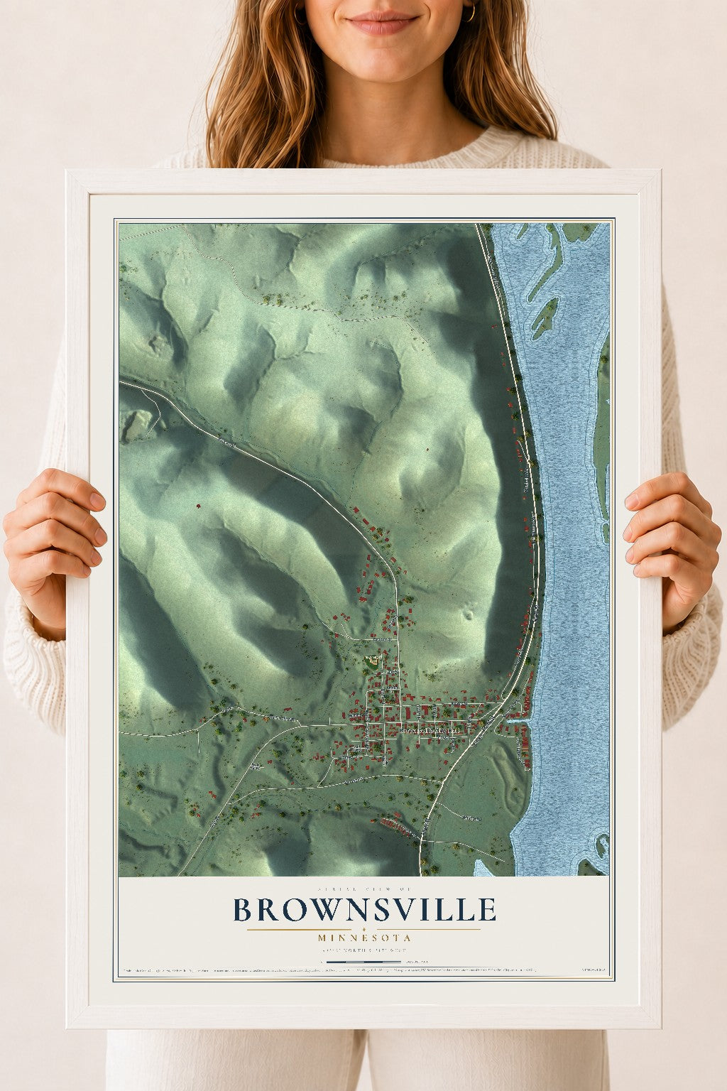 Map of Brownsville, Minnesota, 18 x 24 inch print in a white wood frame