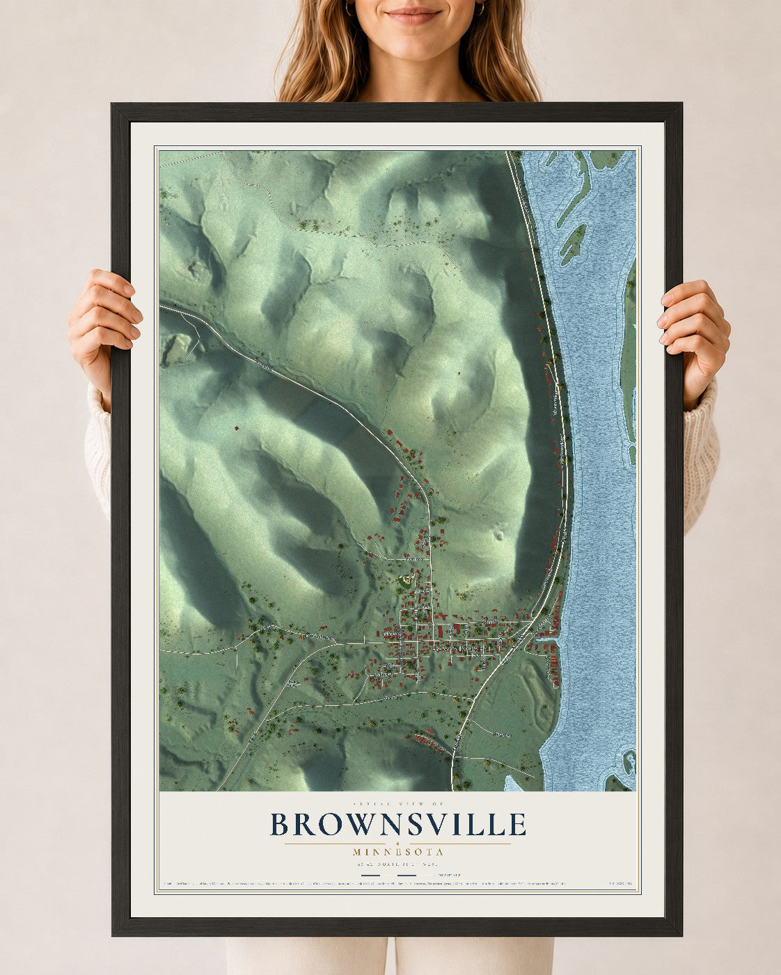 Map of Brownsville, Minnesota, 24 x 36 inch print in a black wood frame