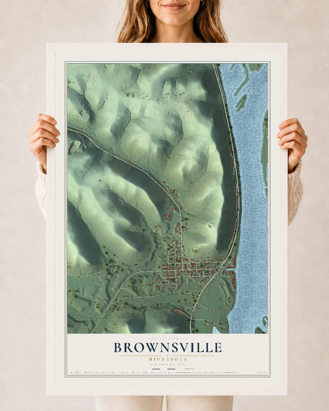 Map of Brownsville, Minnesota, 24 x 36 inch print in a white wood frame