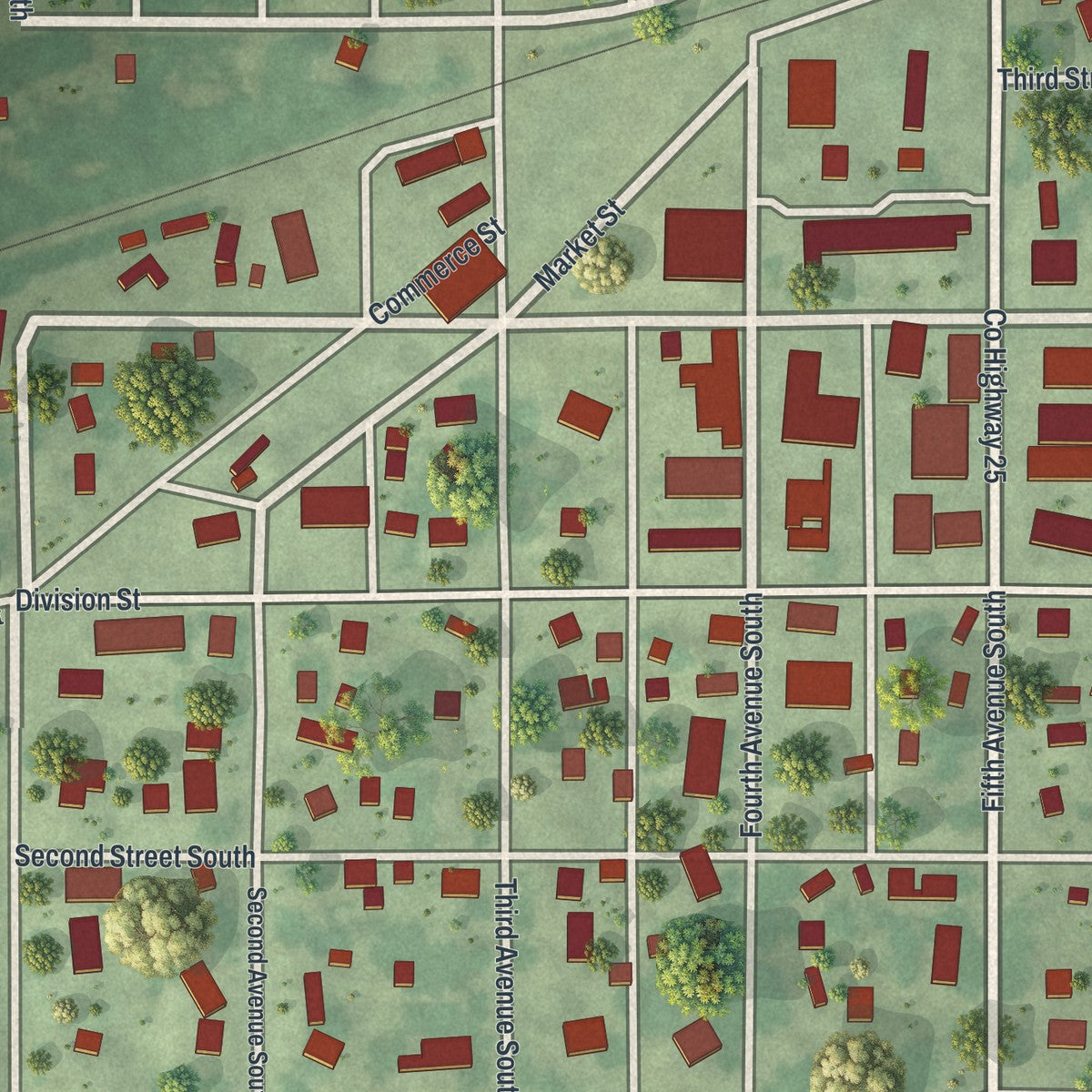 Close-up of the map of Brownton, Minnesota print showing street and building detail