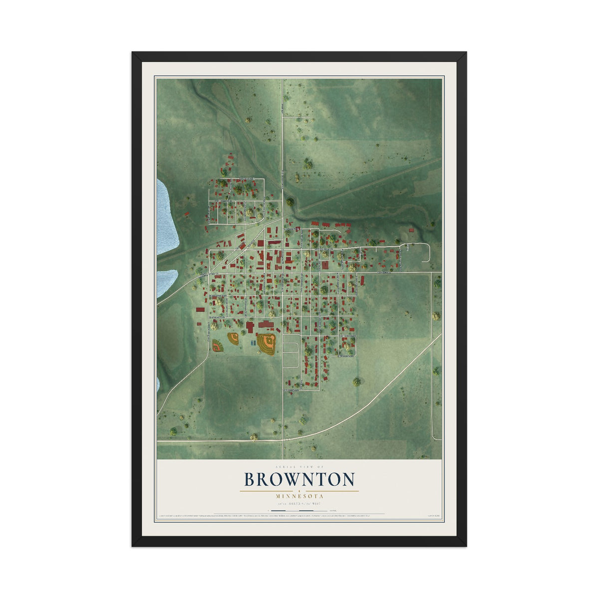 Map of Brownton, Minnesota, 12 x 18 inch print in a black wood frame