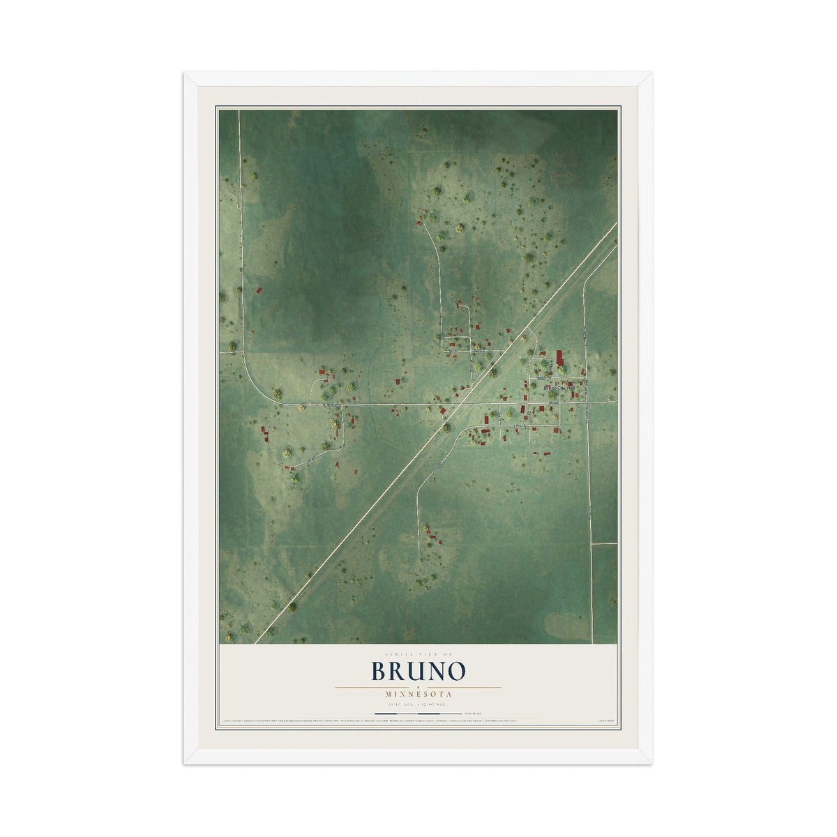 Map of Bruno, Minnesota, 12 x 18 inch print in a white wood frame
