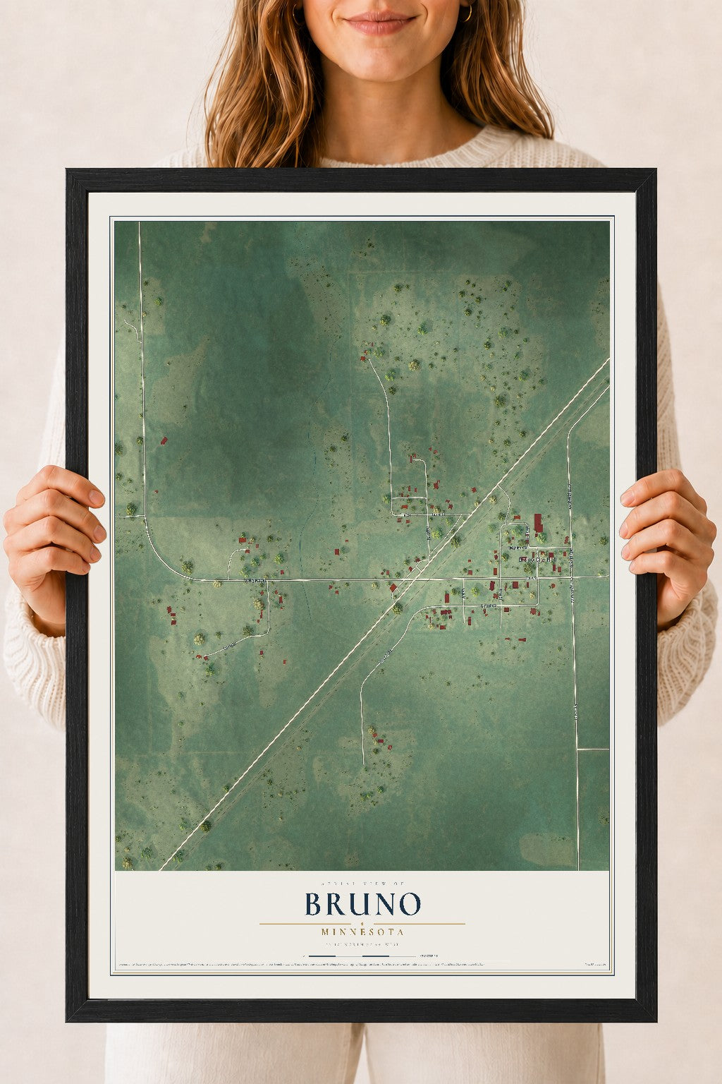 Map of Bruno, Minnesota, 18 x 24 inch print in a black wood frame
