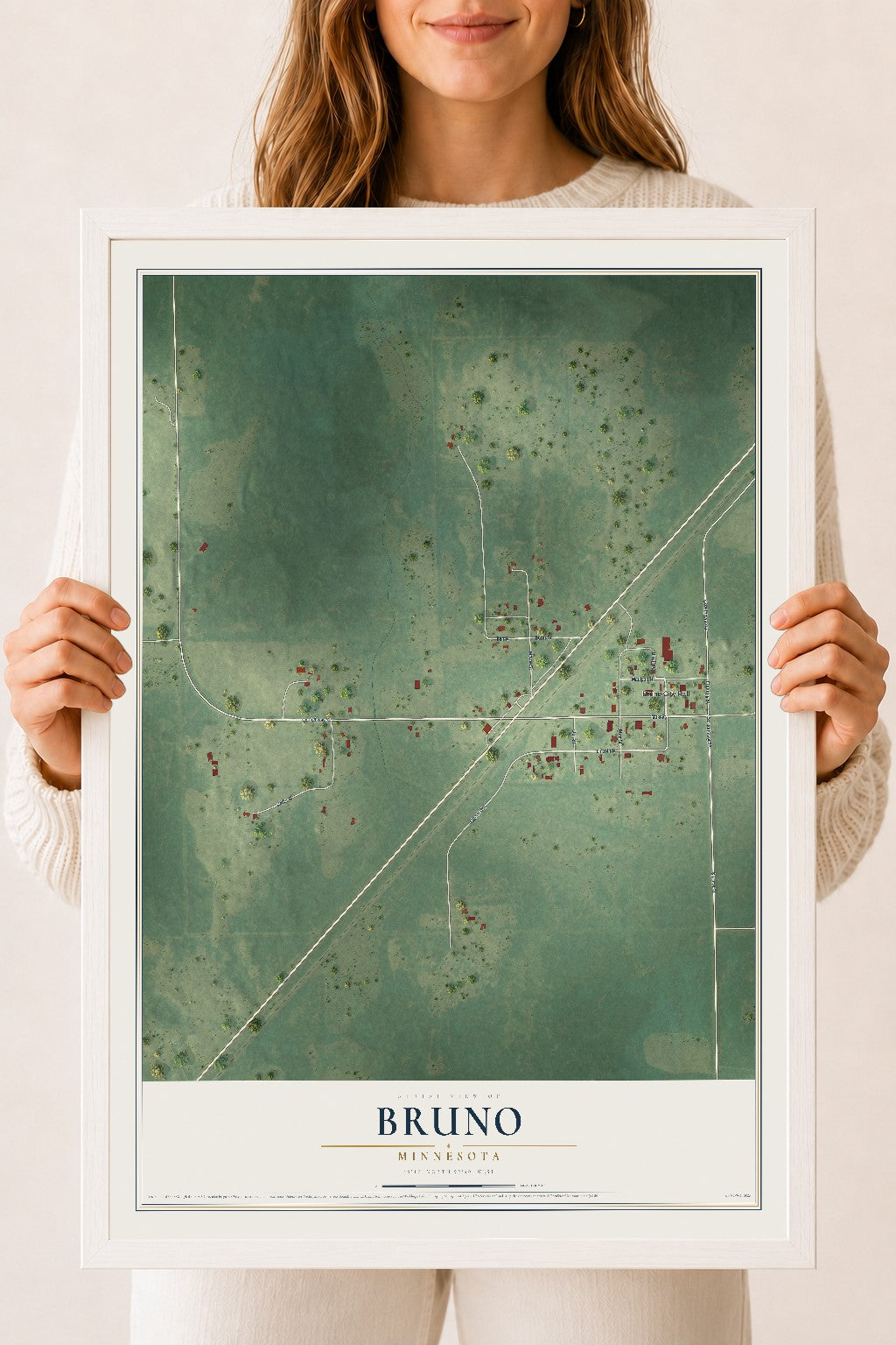 Map of Bruno, Minnesota, 18 x 24 inch print in a white wood frame