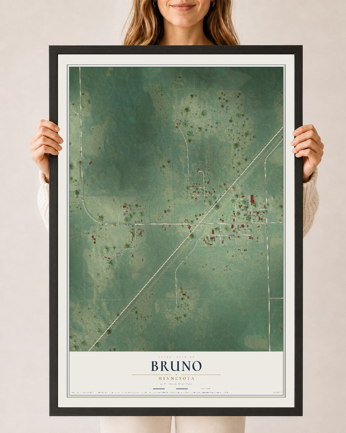 Map of Bruno, Minnesota, 24 x 36 inch print in a black wood frame
