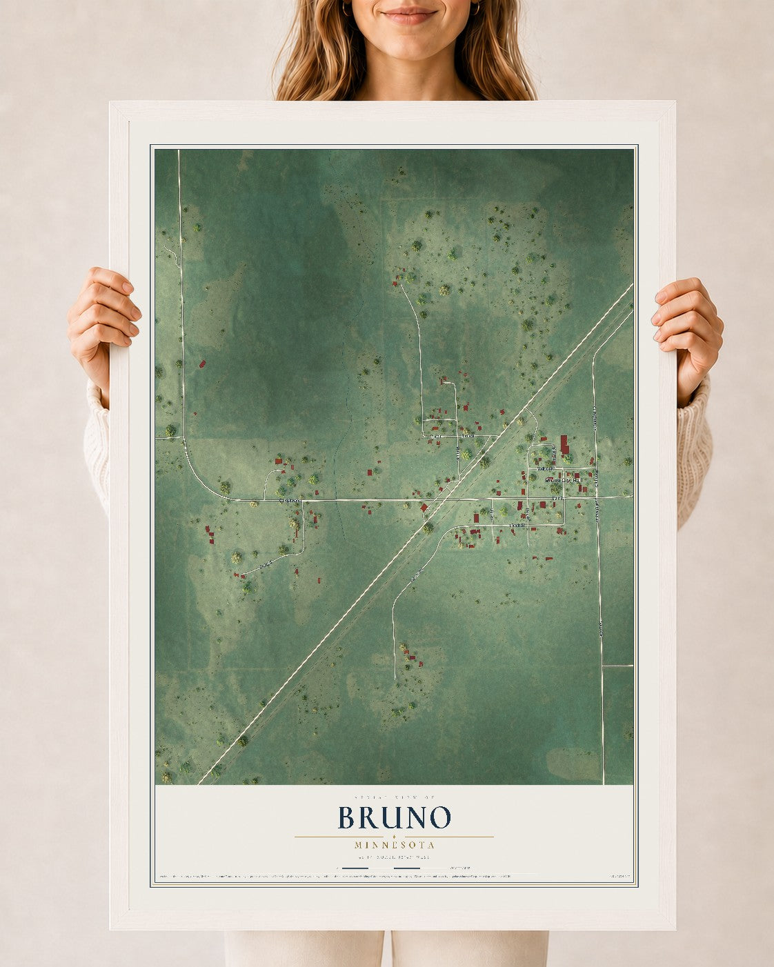 Map of Bruno, Minnesota, 24 x 36 inch print in a white wood frame