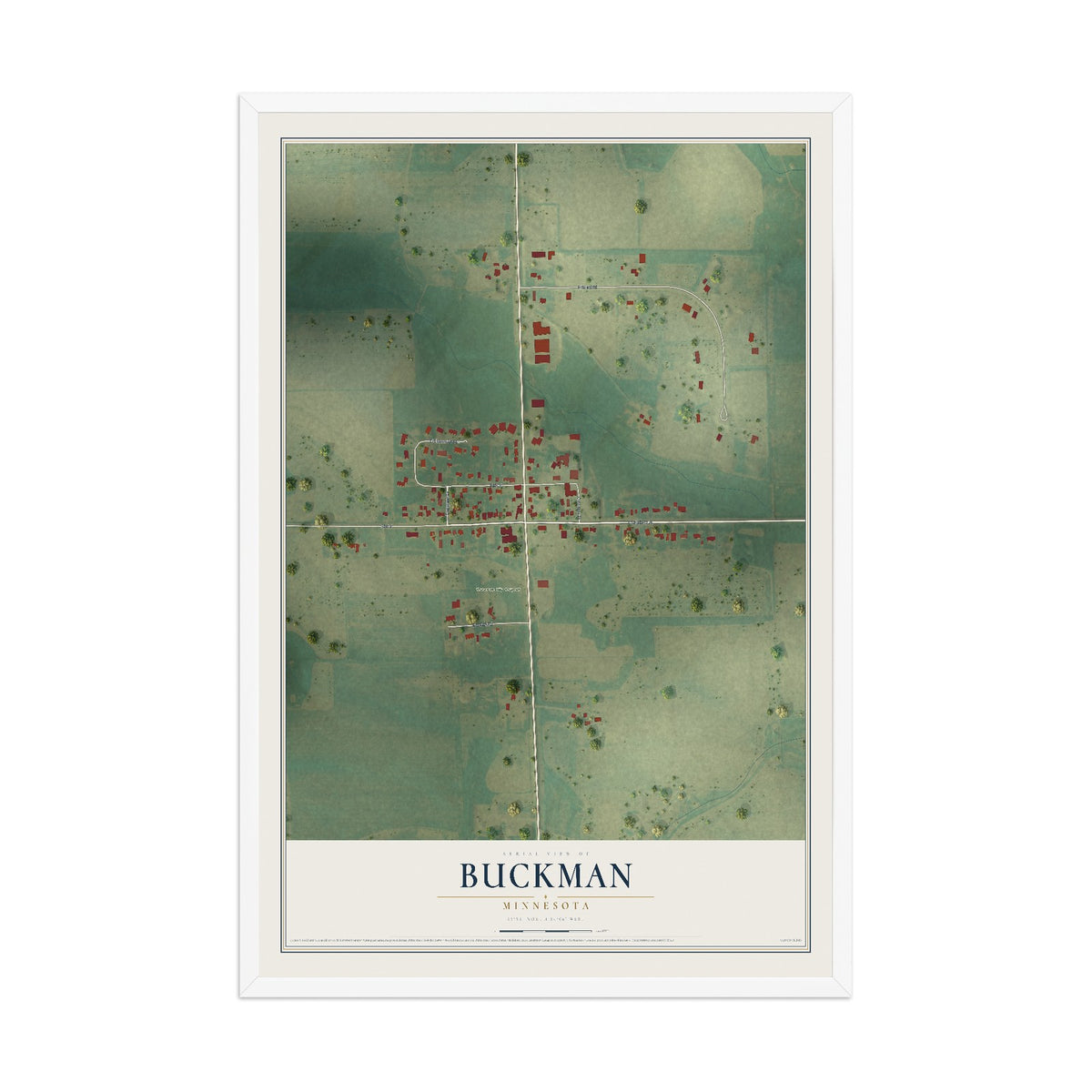 Map of Buckman, Minnesota, 12 x 18 inch print in a white wood frame