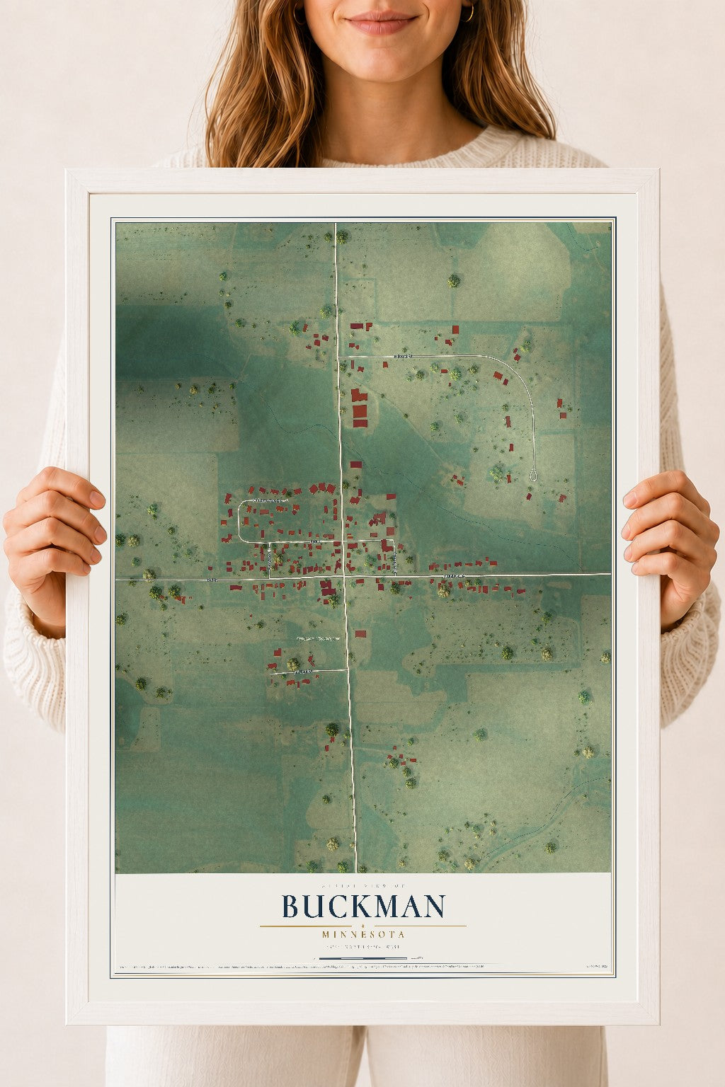 Map of Buckman, Minnesota, 18 x 24 inch print in a white wood frame
