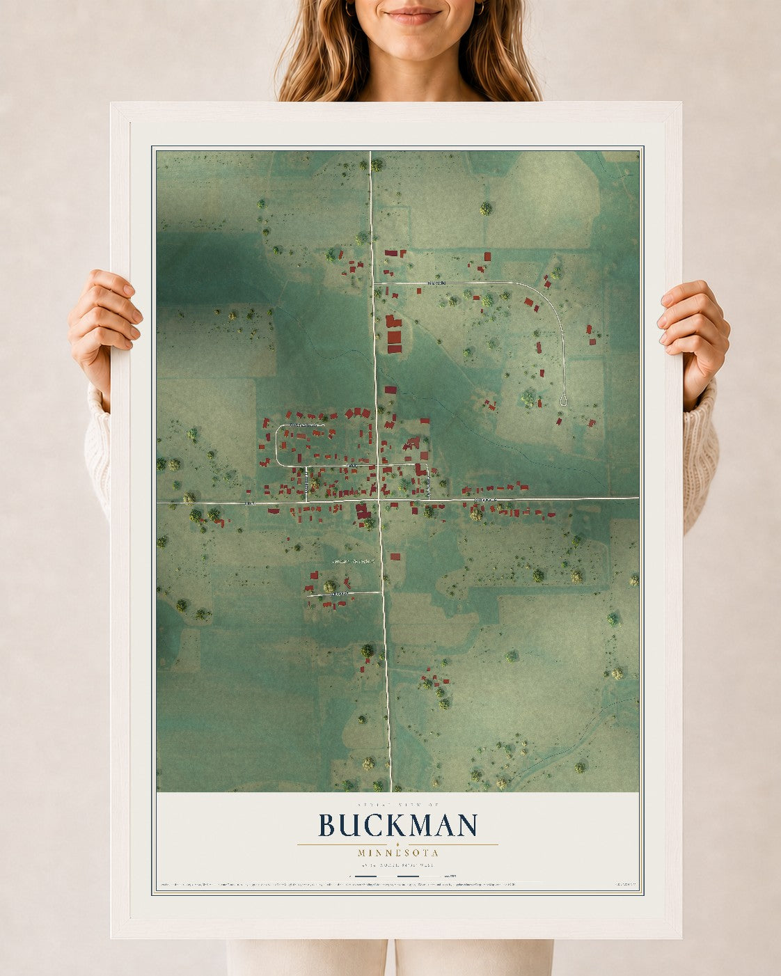 Map of Buckman, Minnesota, 24 x 36 inch print in a white wood frame