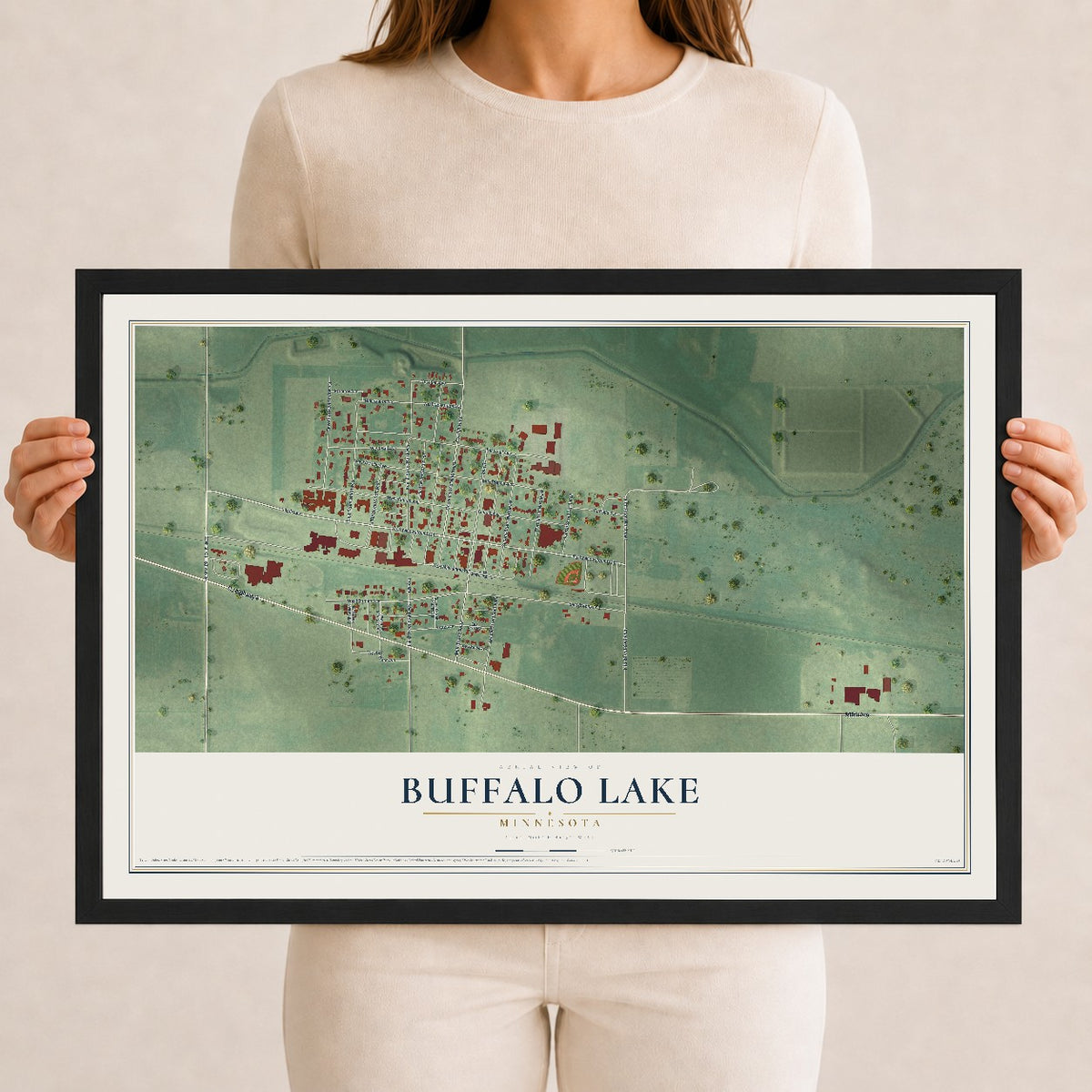 Map of Buffalo Lake, Minnesota, 12 x 18 inch print in a black wood frame
