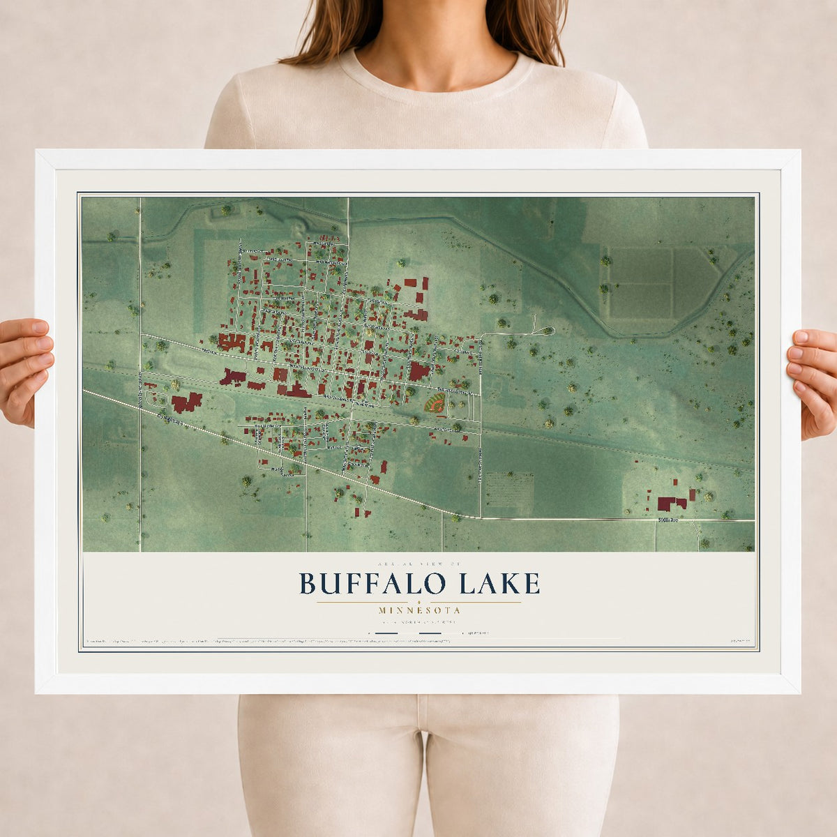 Map of Buffalo Lake, Minnesota, 18 x 24 inch print in a white wood frame