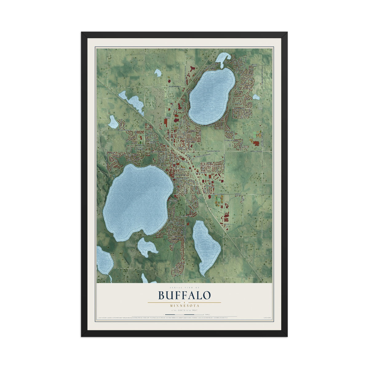 Map of Buffalo, Minnesota, 12 x 18 inch print in a black wood frame