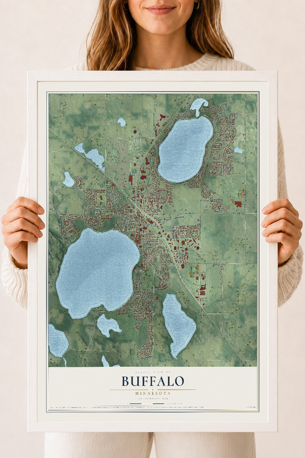 Map of Buffalo, Minnesota, 18 x 24 inch print in a white wood frame